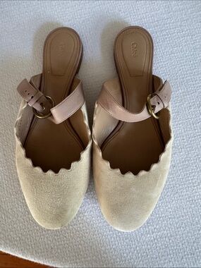Chloe Beige Suede Scalloped Mules with Pink Leather Strap